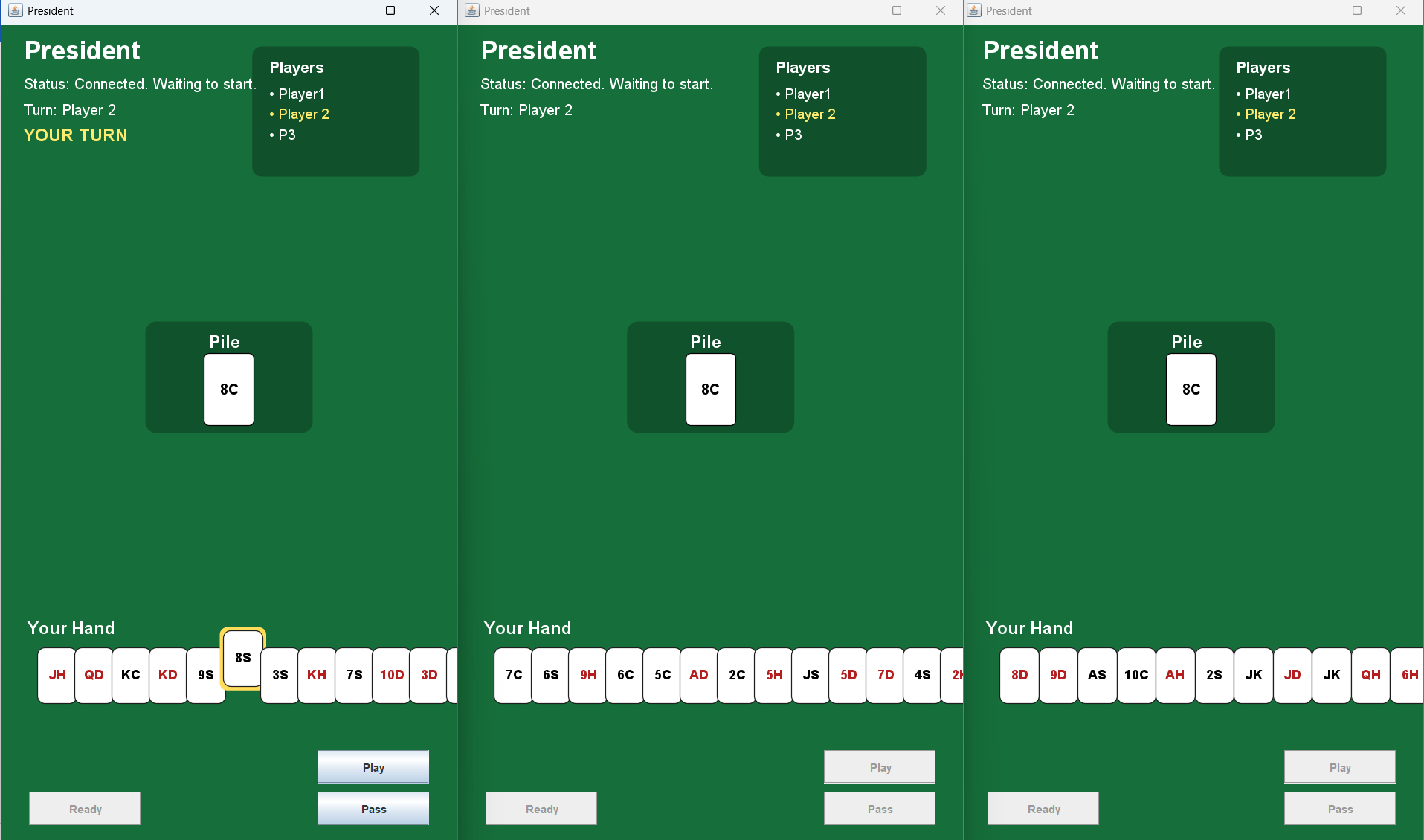 Multiplayer card game table with playing cards and network connections