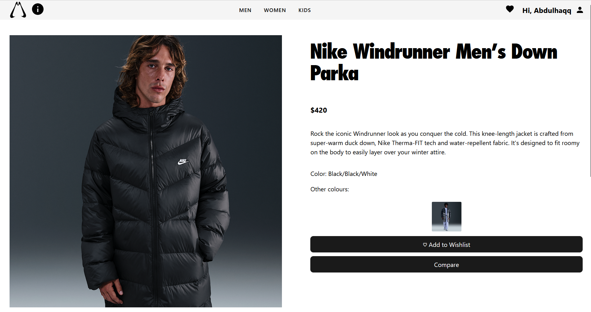 Sportswear catalog web app with product grid, filters and comparison view